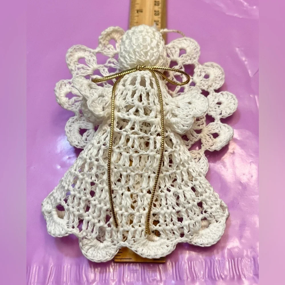 Vtg 3D Crochet Angel Ornament | Starched Lace Snowflake Halo Grandmacore Decor